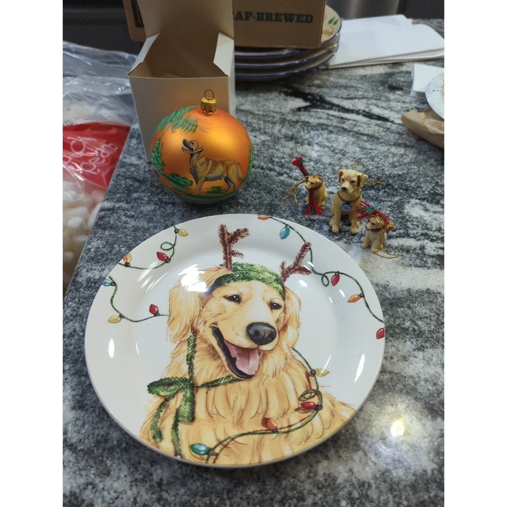 Christmas Golden Retriever Dog Lot  4 Ornaments Pier 1 Christmas Pup Plate Doggy